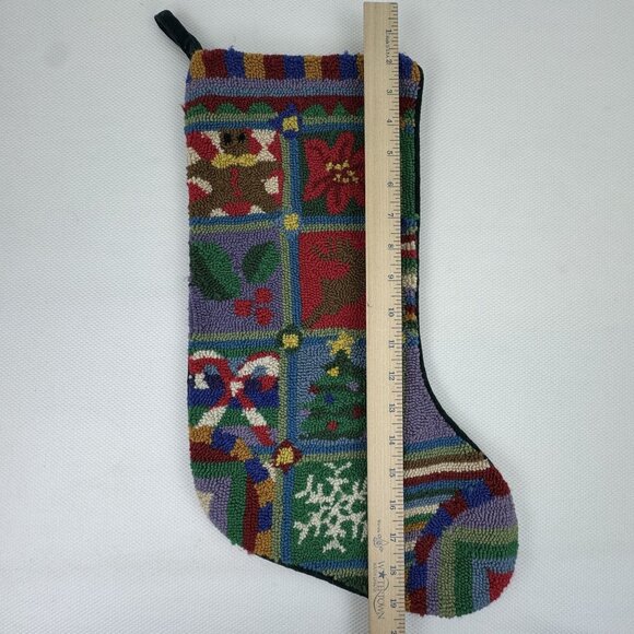 Vintage Christmas Stocking Wool Tapestry Holiday Design Cotton Velvet Back 19" - Picture 7 of 8